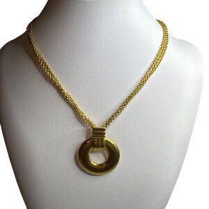 Vintage Gold Tone Statement Double Strand Necklace Circular Pendant Toggle Clasp